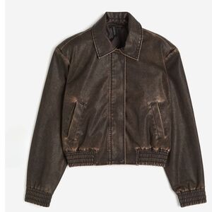 H&M Dark Brown Distressed Bomber Jacket with Shoulder Pads